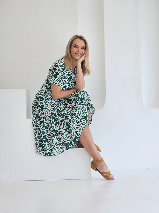 Brittany Greenery Midi Tier Dress