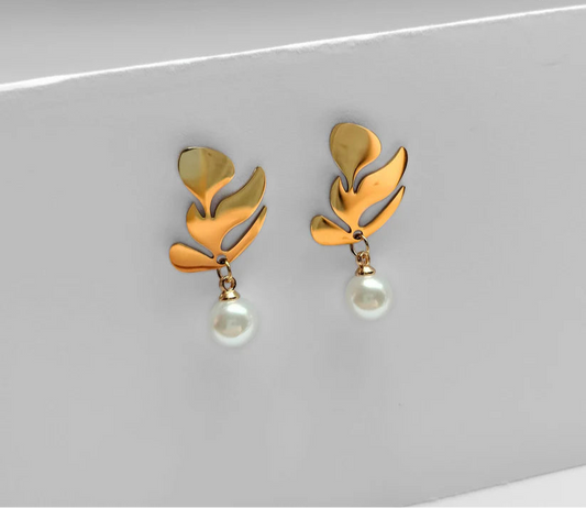 18K Gold Plated Leafy Charm Earrings