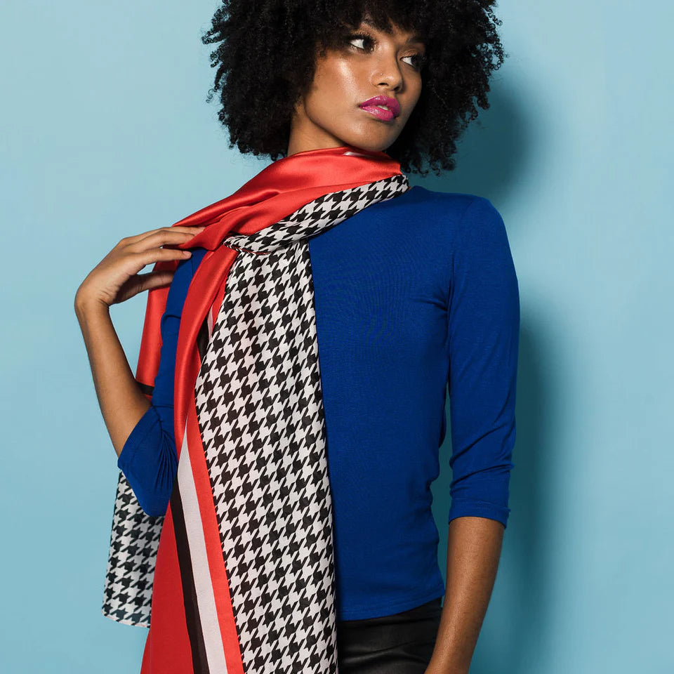 Large Silky Scarf - Houndstooth Red/Black